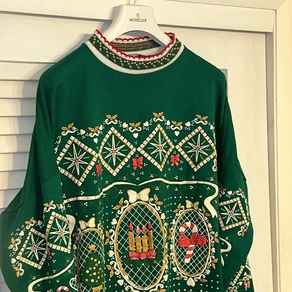 VINTAGE RARE BEAUTIFUL holiday christmas sweater/dress by Bernette OSFA Green - Picture 2 of 13